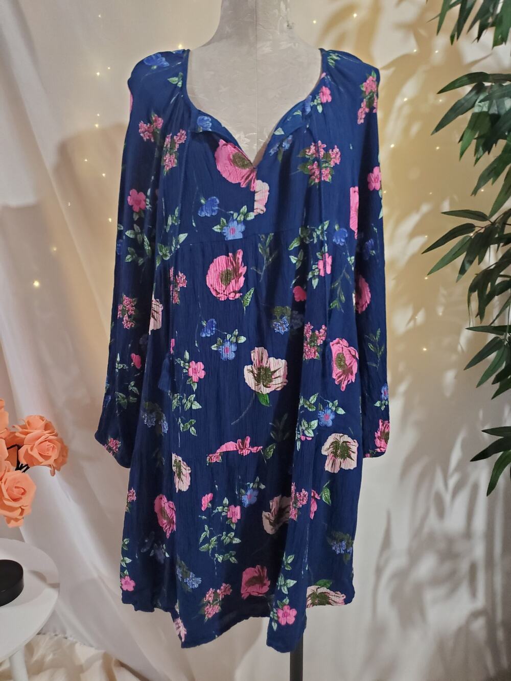 Old Navy Boho Floral Empire Waist Tiered Tassel Dress Size XL Tall Cottage Gauzy